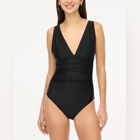 NWT J. Crew Factory Black Ruched Plunge One-Piece Swimsuit, Size Small - Picture 1 of 16